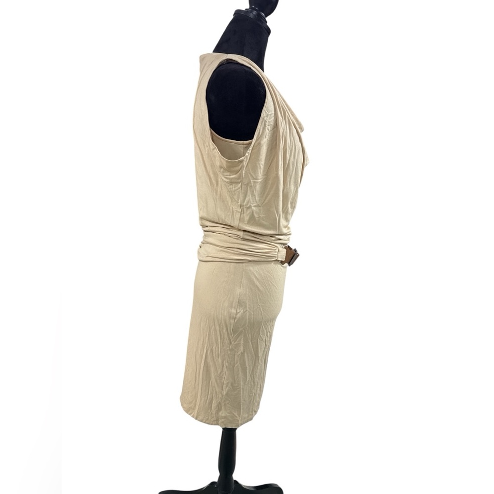 Boston Proper Draped Cowl Neck Ruched Sheath‎ Dress Belted Beige Size 2 Resort - Picture 7 of 11
